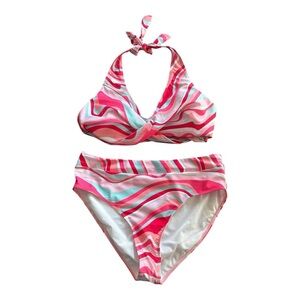 Ai’Mage High Waisted Halter Bikini Two-Piece Pink White Blue Multi Print…